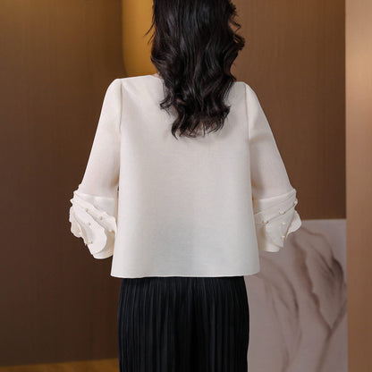 Pearls Beaded Ruffled Sleeve Elastic Blouse