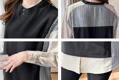 Patchwork Stripe Shirt Pullover Blouse Tops