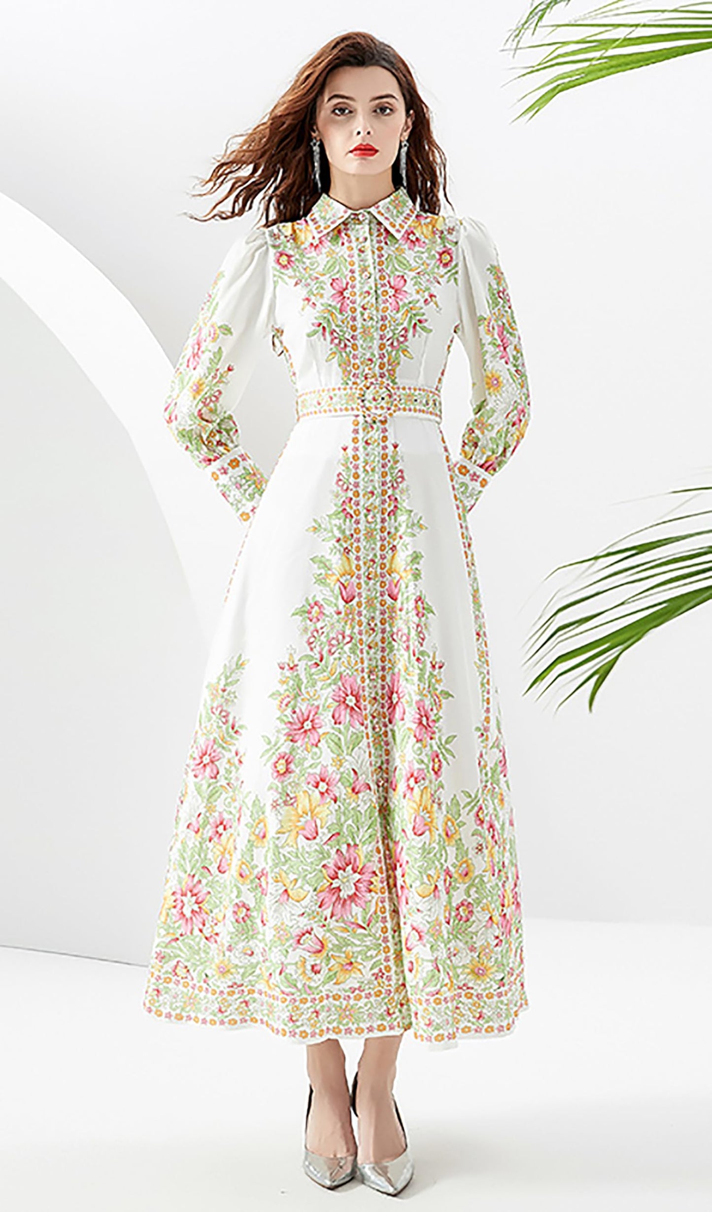 Vintage Floral Belt Maxi Dress