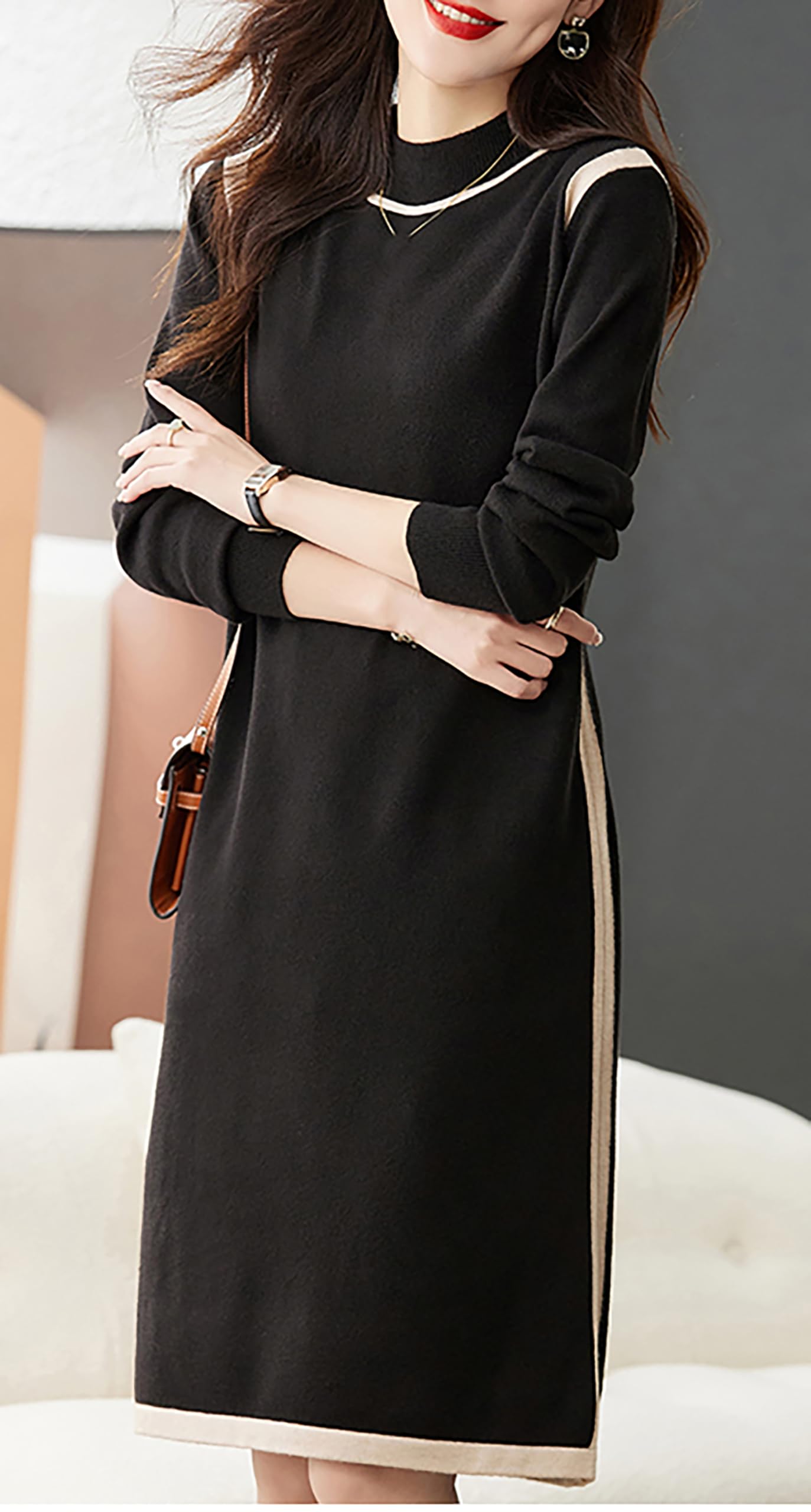 Knit Crew Neck A Line Midi Dress with Belt