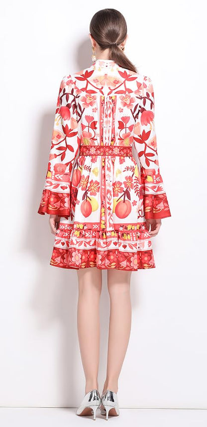 Floral Print Bell Sleeve Button Mini Dress