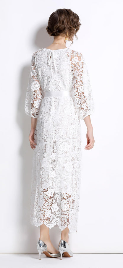 Womens Lace Puff Sleeves Elegant Maxi Dress