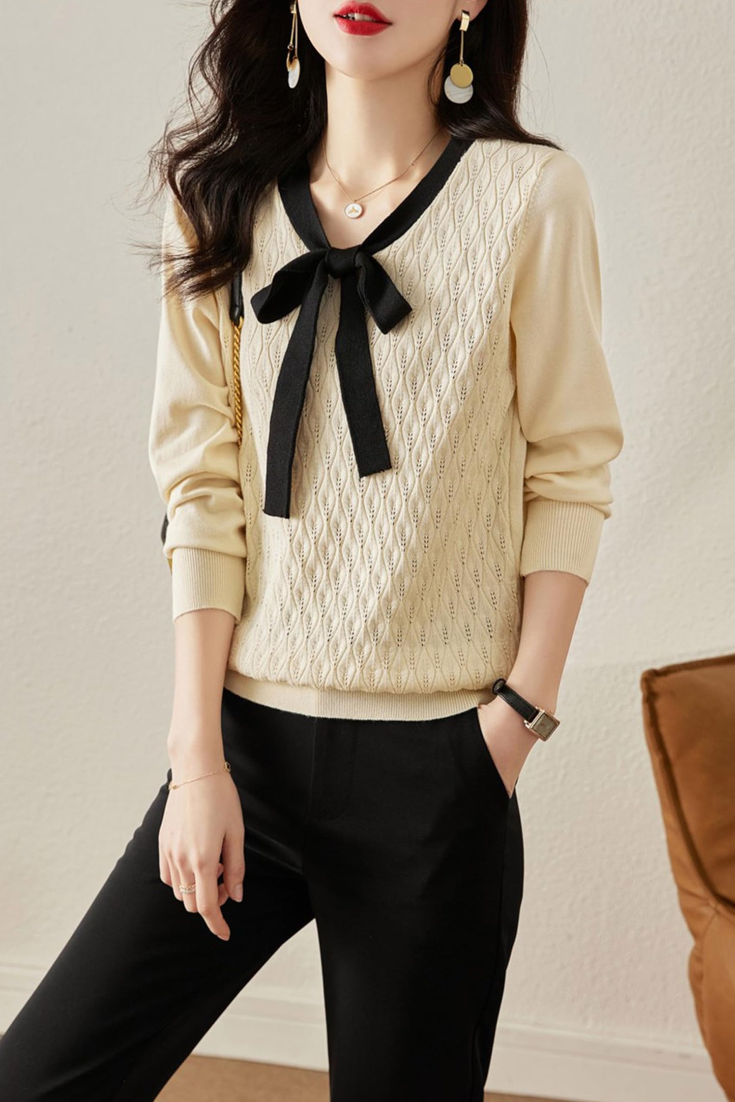 Tie Knit Shirt Lantern Sleeves Pullover Tops