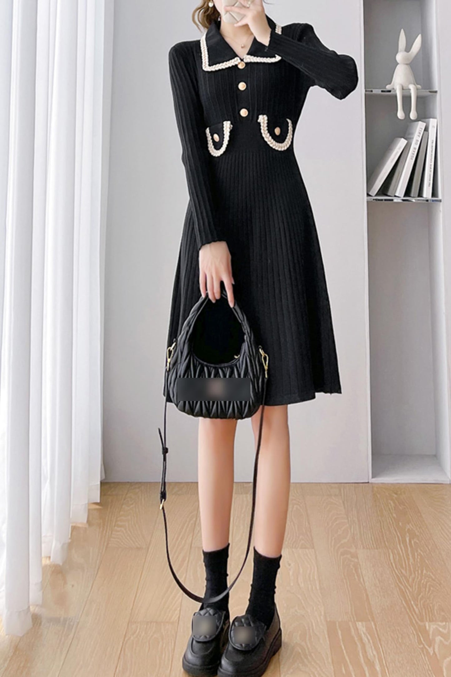 Fall Knit Collar Neck Tunic Sweater Mini Dress