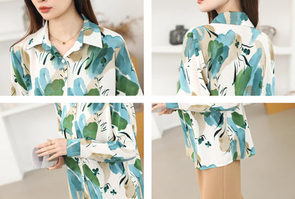 Button Print Collar Shirt Blouses Tops