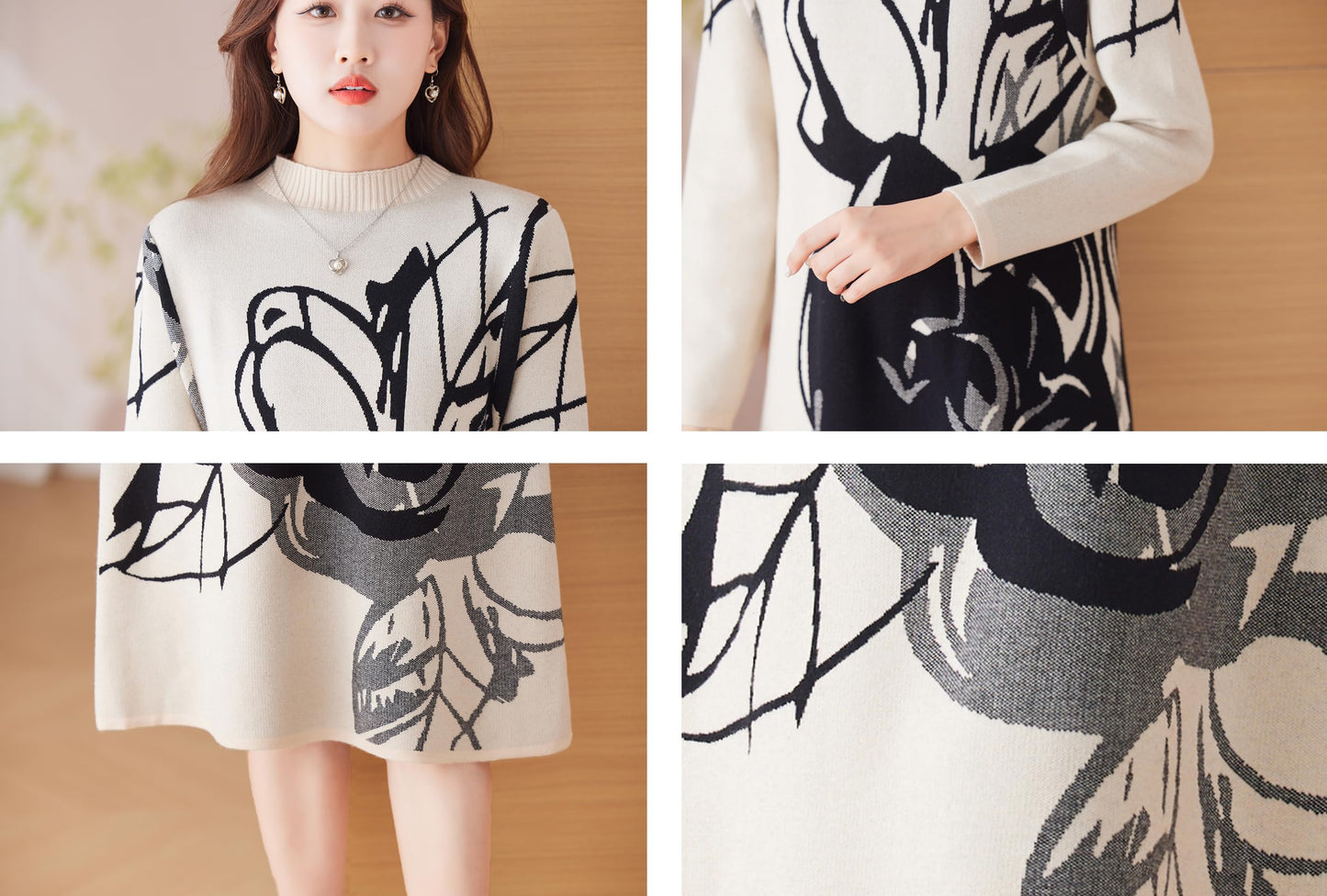 BK-Knit Floral Pullover Elegant Winter Midi Dress