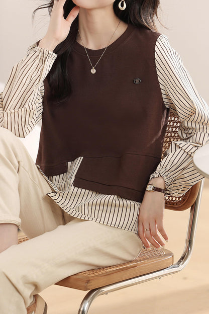 Patchwork Knit Round Neck Pullover Tops