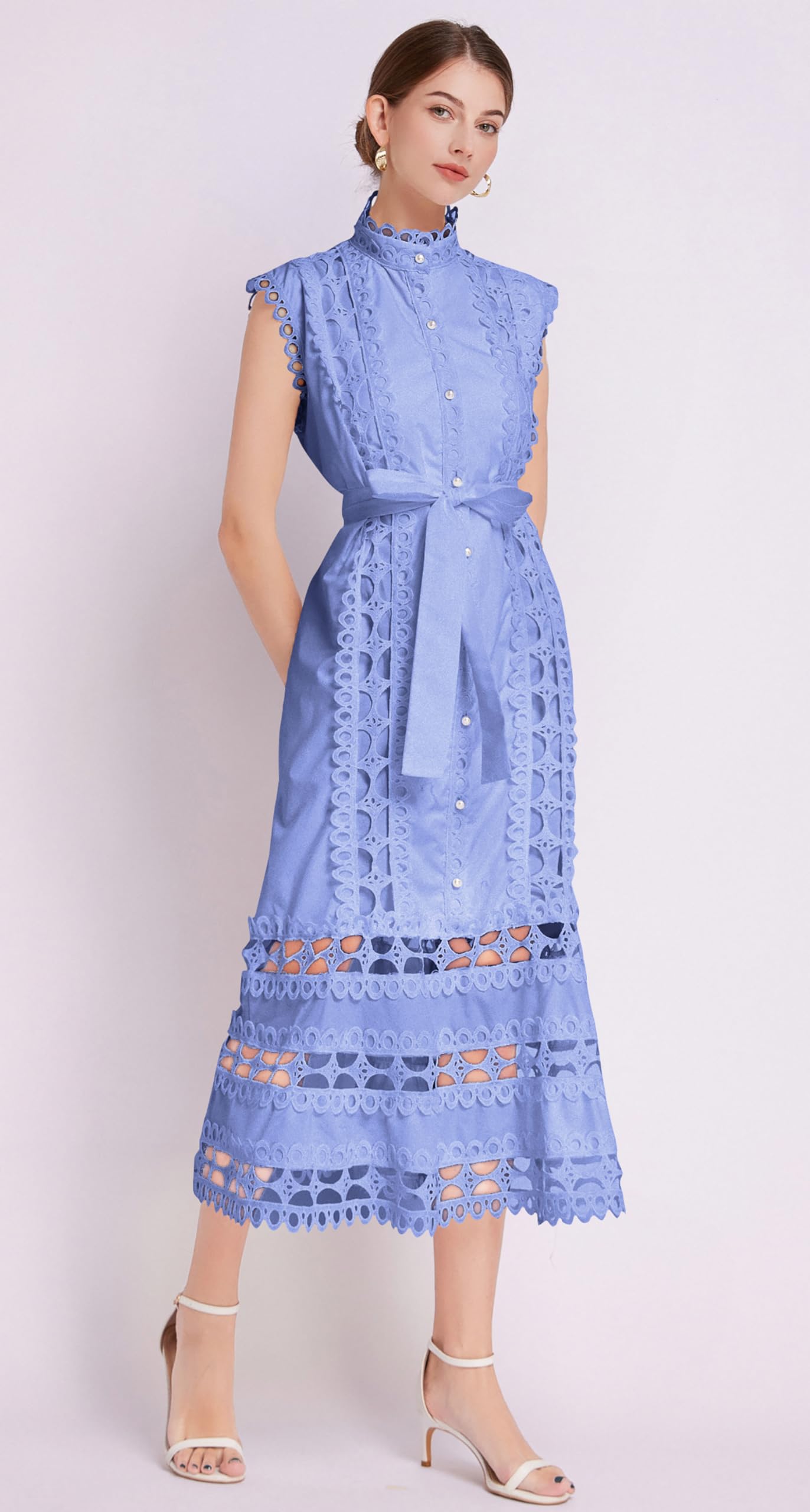 BK-Hollow Lace Button Midi Dress