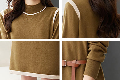 Knit Crew Neck A Line Midi Dress with Belt