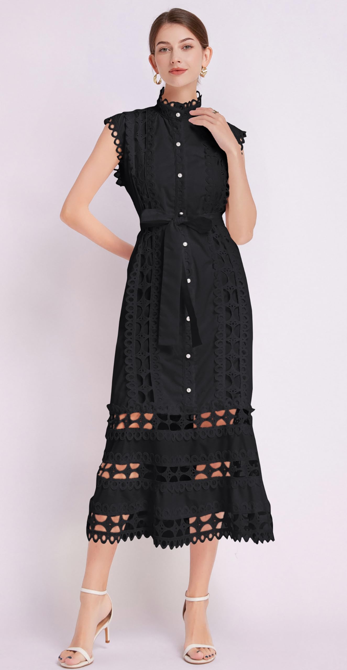 BK-Hollow Lace Button Midi Dress