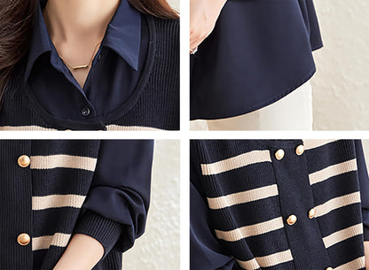 Knit Patchwork Stripe Button Pullover Top