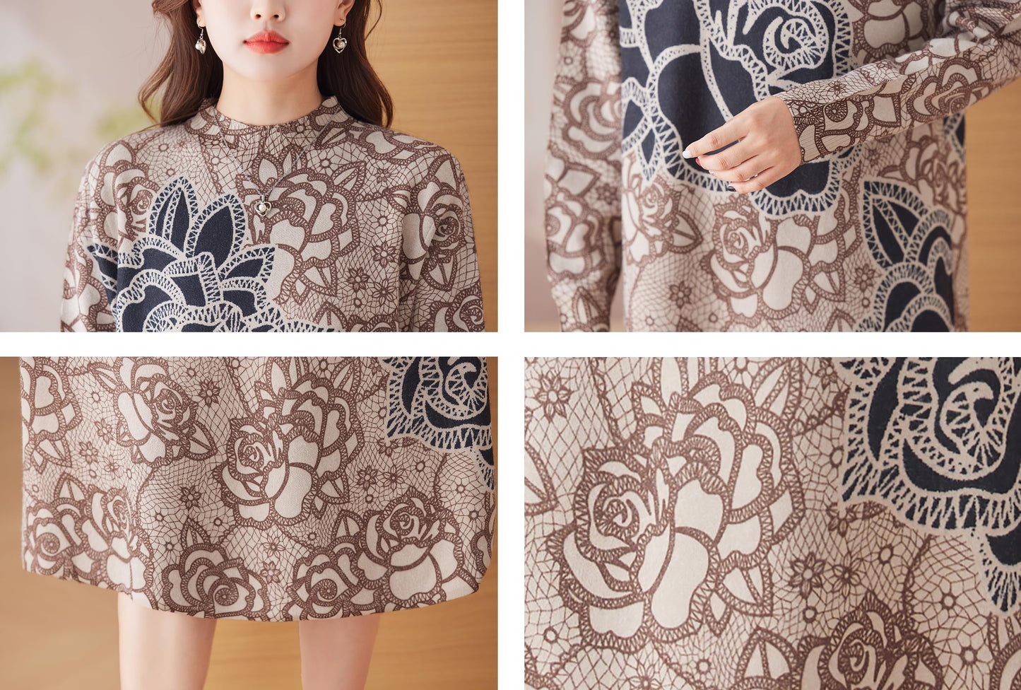 Knit Floral Pullover Elegant Winter Midi Dress