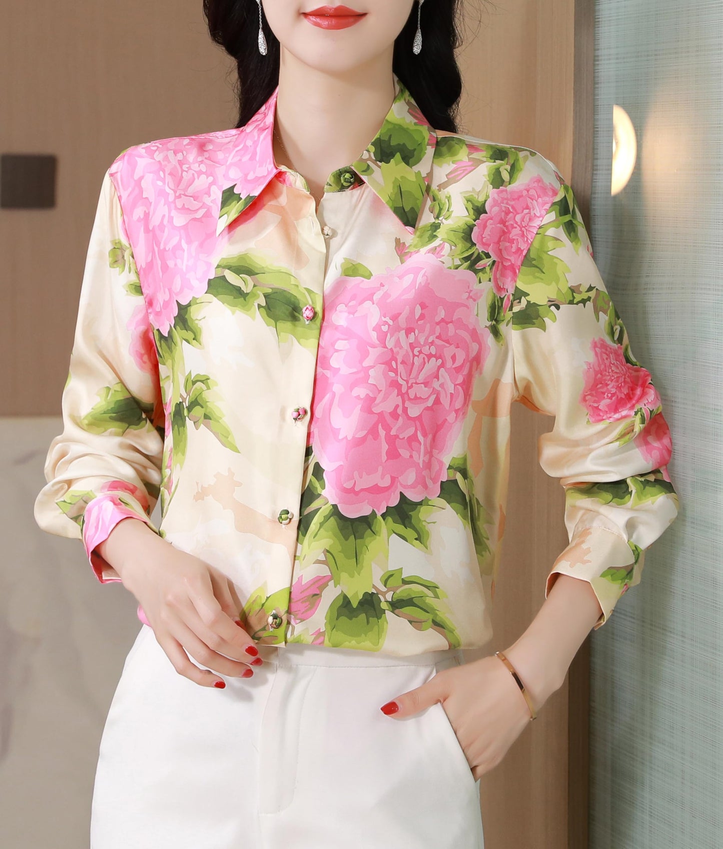 Women's Collared Floral Print Shirt Blouse