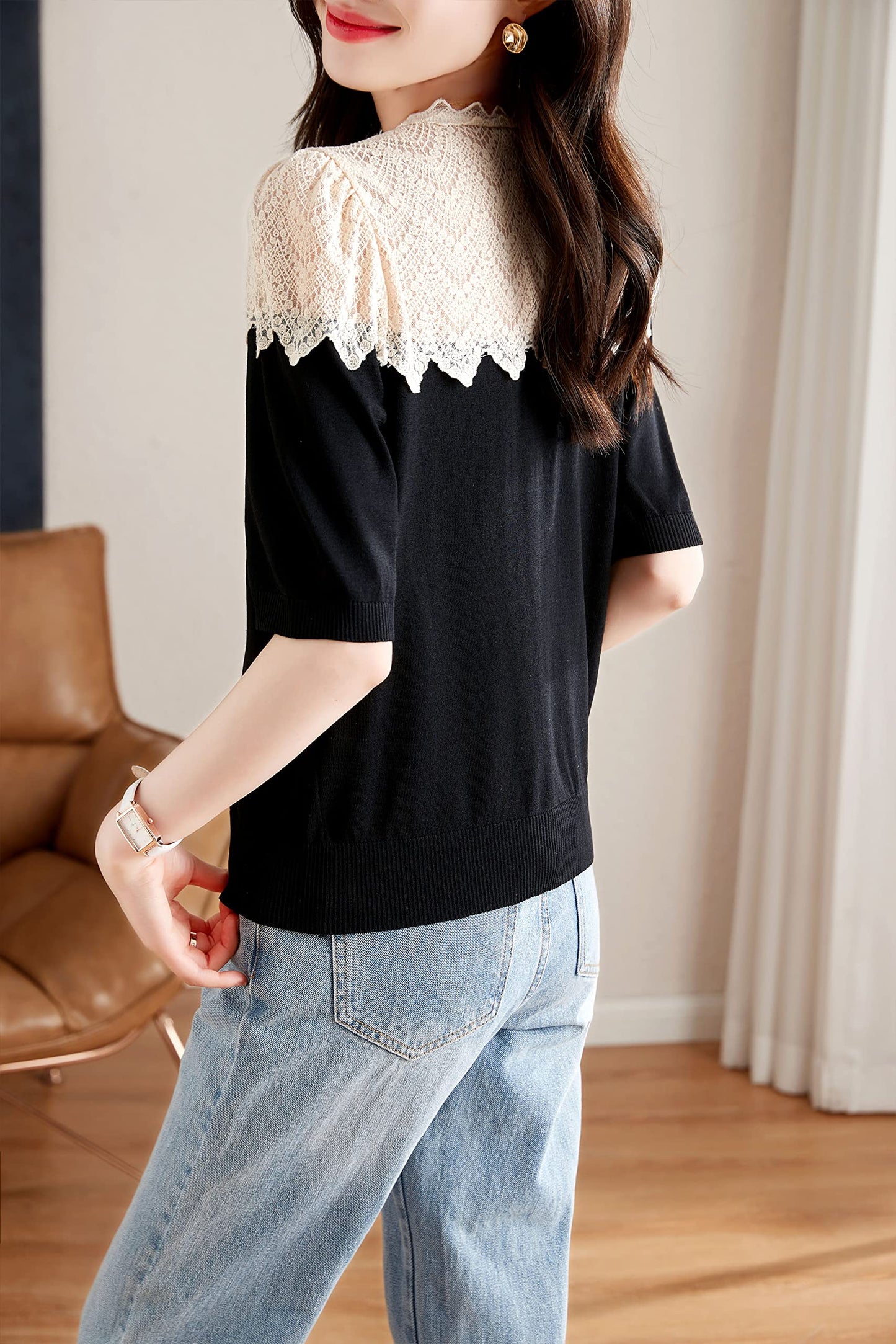 Knit Lace Patchwork Casual Tunic T Shirts