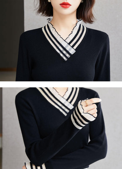 Knit Long Sleeve V Neck Pullover Shirts