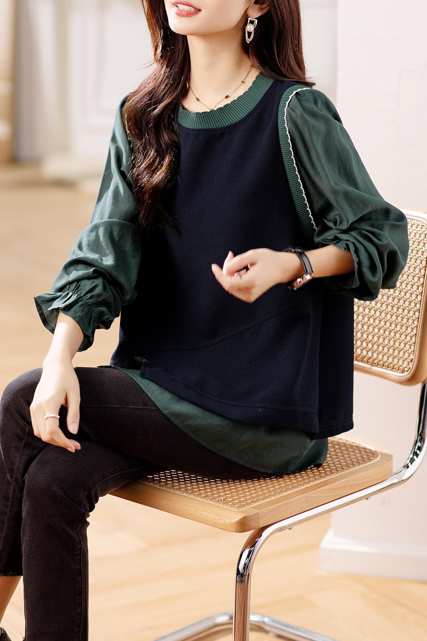 Casual Patchwork Pullover Loose Blouse Tops