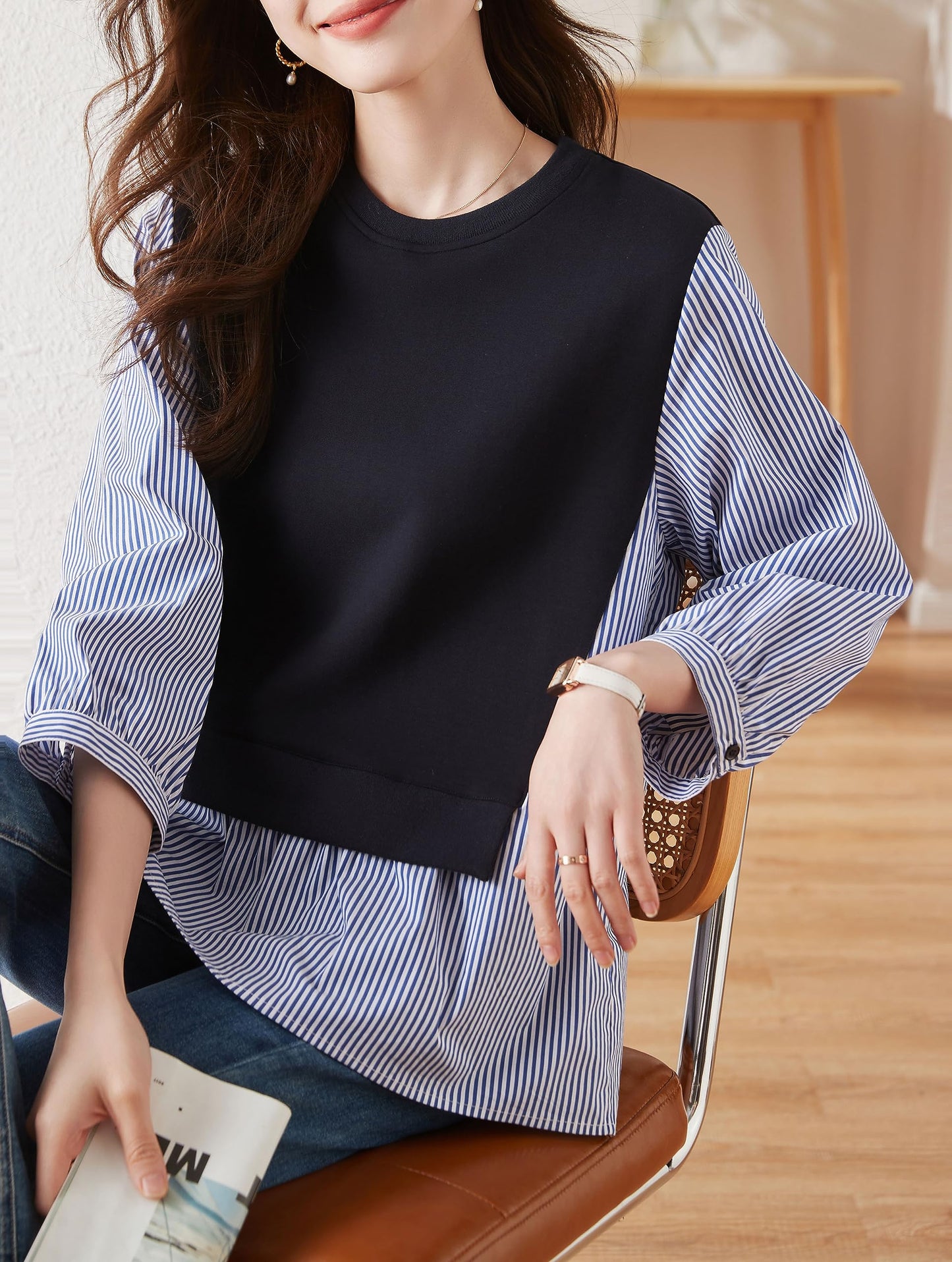 Patchwork Stripe Shirt Pullover Blouse Tops