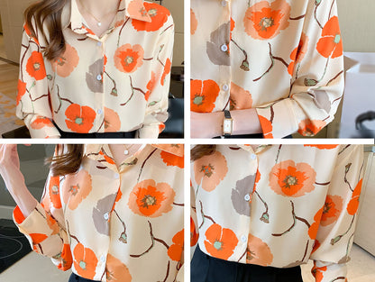 BK-Elegant Collared Floral Print Button Blouse Tops