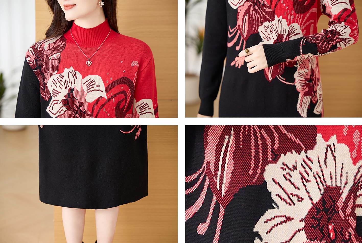 Knit Floral Pullover Elegant Winter Midi Dress