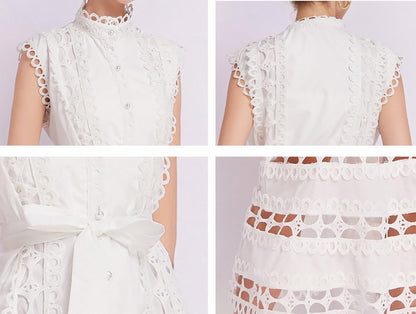 BK-Hollow Lace Button Midi Dress