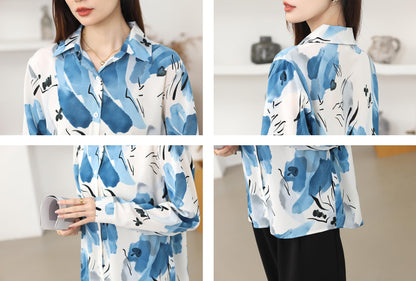 Button Print Collar Shirt Blouses Tops