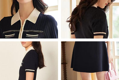 KT25-Women's Short Sleeve Zip Knit Mini Shirt Dress