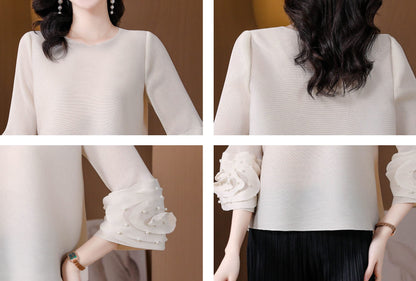 Pearls Beaded Ruffled Sleeve Elastic Blouse