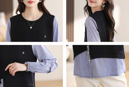 Patchwork Knit Round Neck Pullover Tops