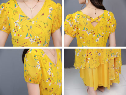 SSY-Women's Short Sleeve V-Neck Print Swing Maxi Dress