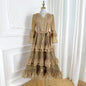 Bell Sleeves  Buttons Ruffle Layered Hem Hollow Princess Dress with Belt - LAI MENG FIVE CATS