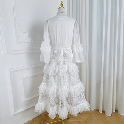 Bell Sleeves  Buttons Ruffle Layered Hem Hollow Princess Dress with Belt - LAI MENG FIVE CATS