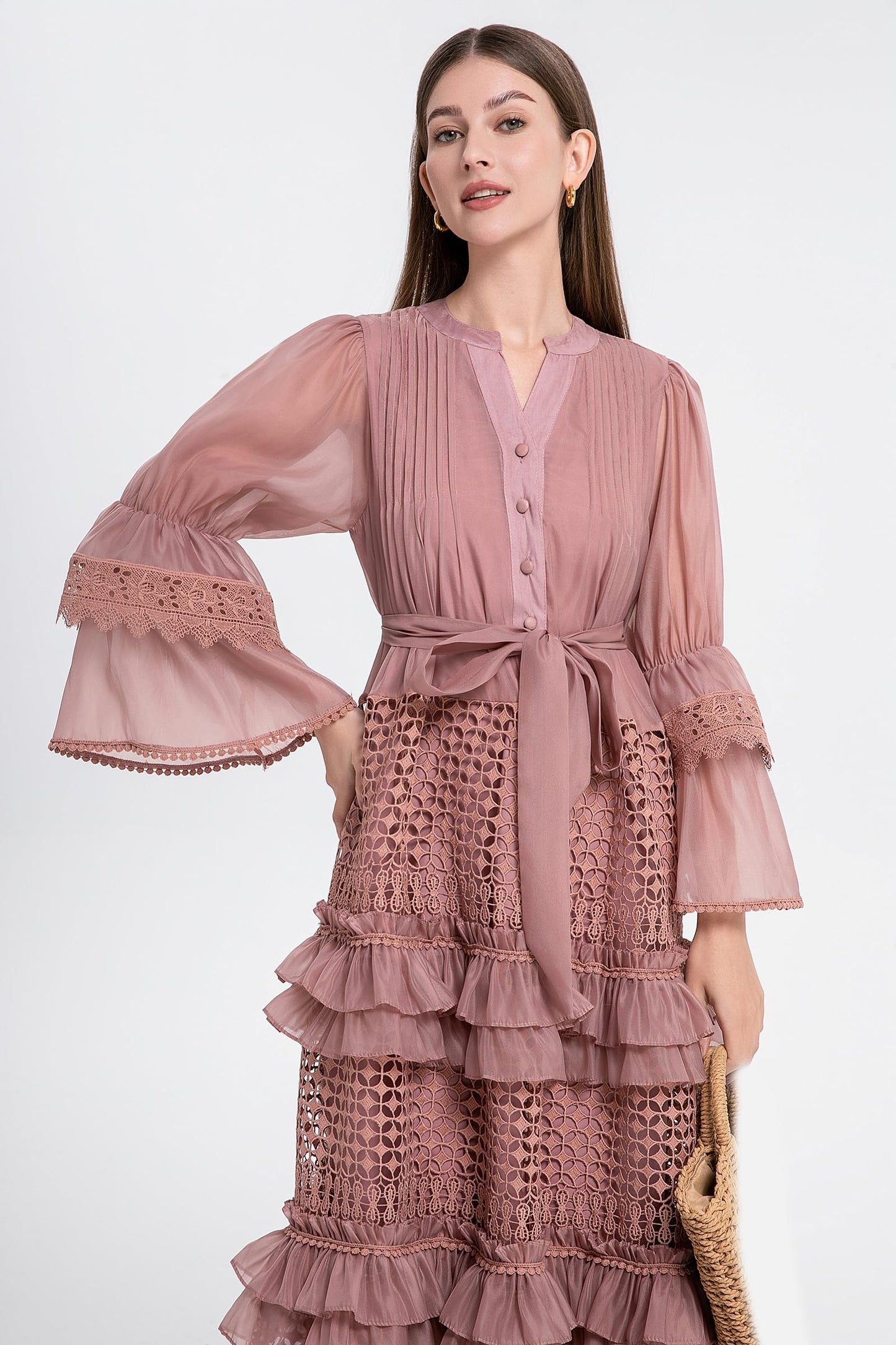Bell Sleeves  Buttons Ruffle Layered Hem Hollow Princess Dress with Belt - LAI MENG FIVE CATS