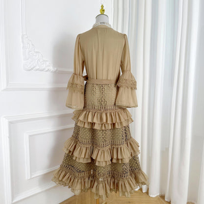Bell Sleeves  Buttons Ruffle Layered Hem Hollow Princess Dress with Belt - LAI MENG FIVE CATS