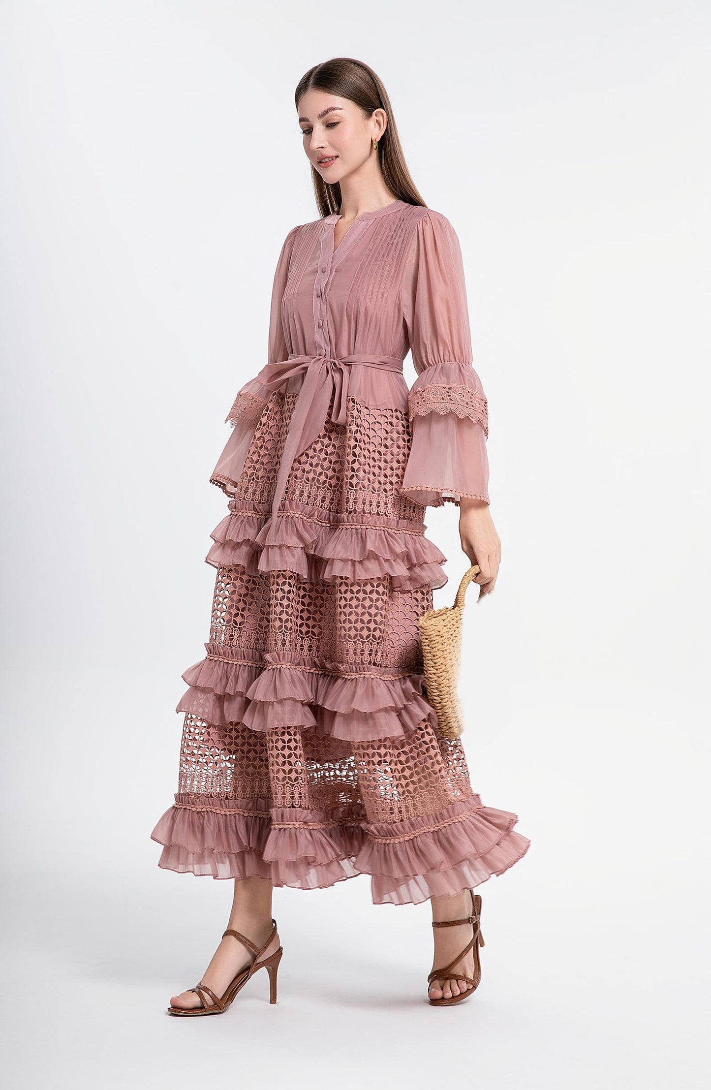 Bell Sleeves  Buttons Ruffle Layered Hem Hollow Princess Dress with Belt - LAI MENG FIVE CATS