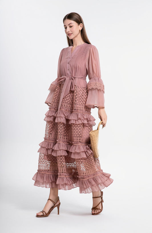 Bell Sleeves  Buttons Ruffle Layered Hem Hollow Princess Dress with Belt - LAI MENG FIVE CATS