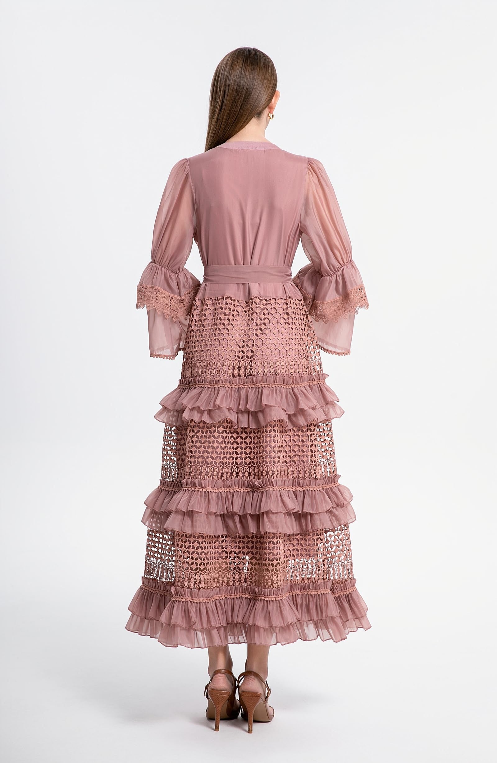 Bell Sleeves  Buttons Ruffle Layered Hem Hollow Princess Dress with Belt - LAI MENG FIVE CATS