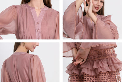 Bell Sleeves  Buttons Ruffle Layered Hem Hollow Princess Dress with Belt - LAI MENG FIVE CATS