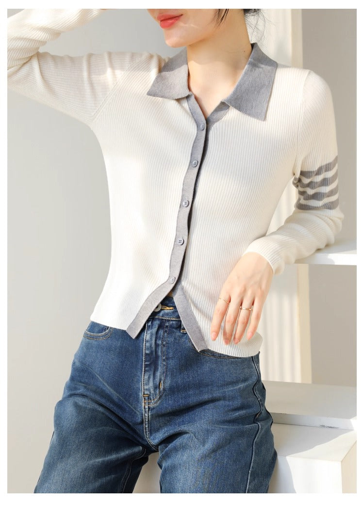 Women's Lapel V Neck Striped Cardigan Knit Blouse