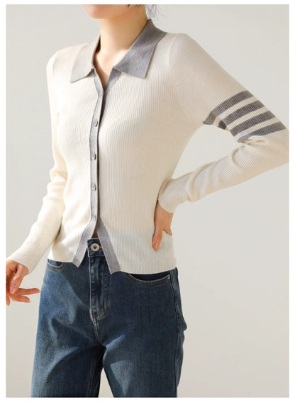 Women's Lapel V Neck Striped Cardigan Knit Blouse