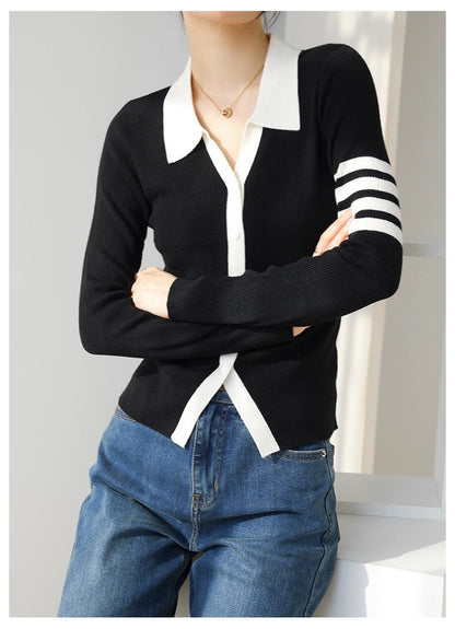 Women's Lapel V Neck Striped Cardigan Knit Blouse