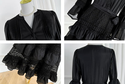 Bell Sleeves  Buttons Ruffle Layered Hem Hollow Princess Dress with Belt - LAI MENG FIVE CATS