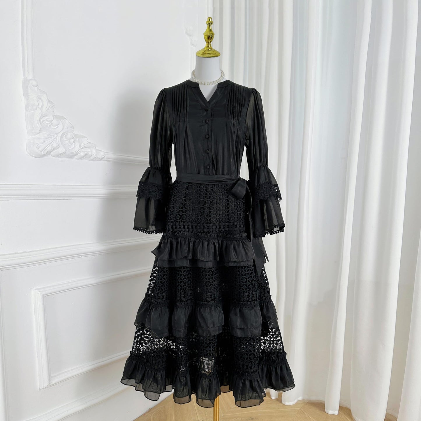 Bell Sleeves  Buttons Ruffle Layered Hem Hollow Princess Dress with Belt - LAI MENG FIVE CATS