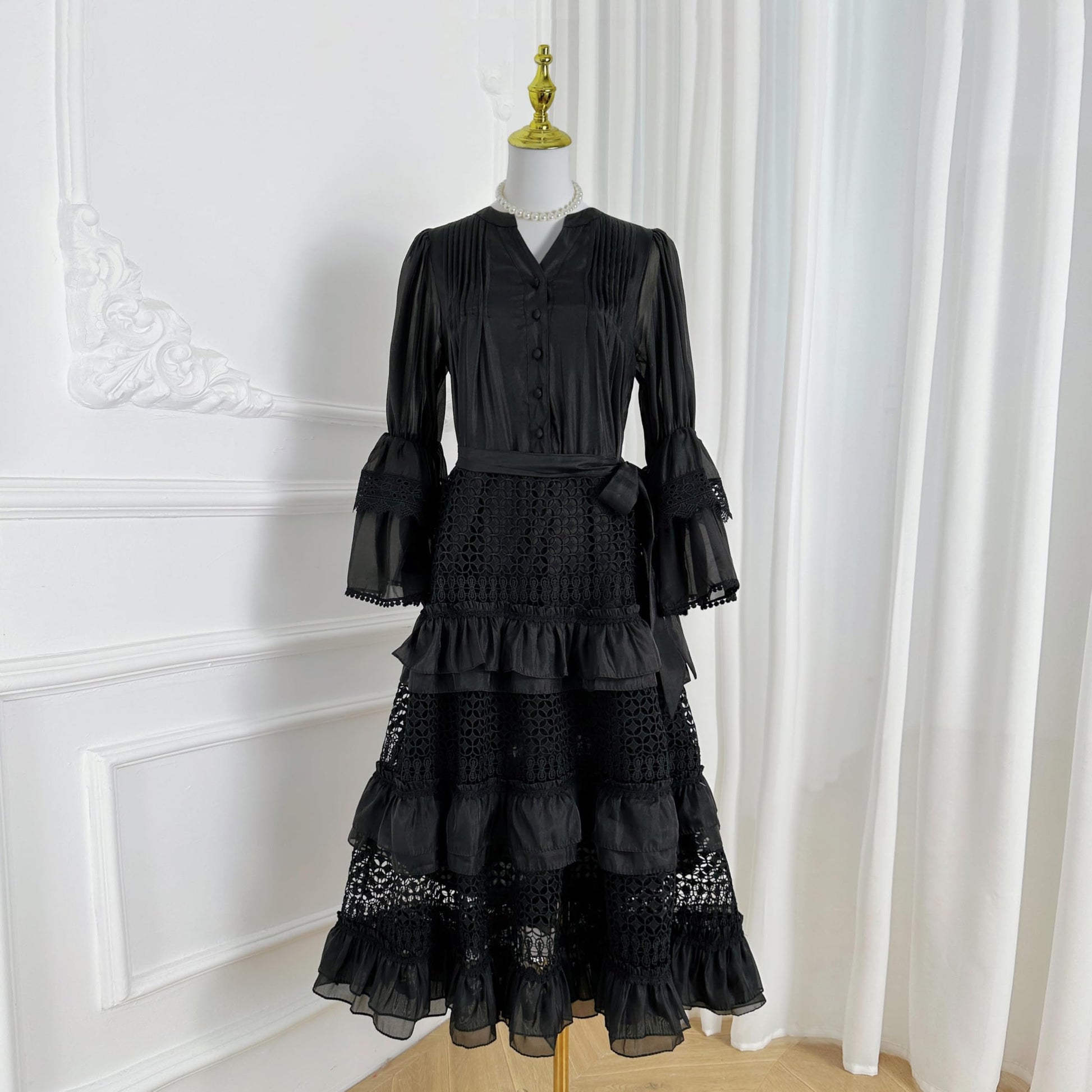Bell Sleeves  Buttons Ruffle Layered Hem Hollow Princess Dress with Belt - LAI MENG FIVE CATS