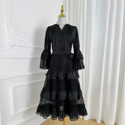 Bell Sleeves  Buttons Ruffle Layered Hem Hollow Princess Dress with Belt - LAI MENG FIVE CATS