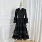 Bell Sleeves  Buttons Ruffle Layered Hem Hollow Princess Dress with Belt - LAI MENG FIVE CATS