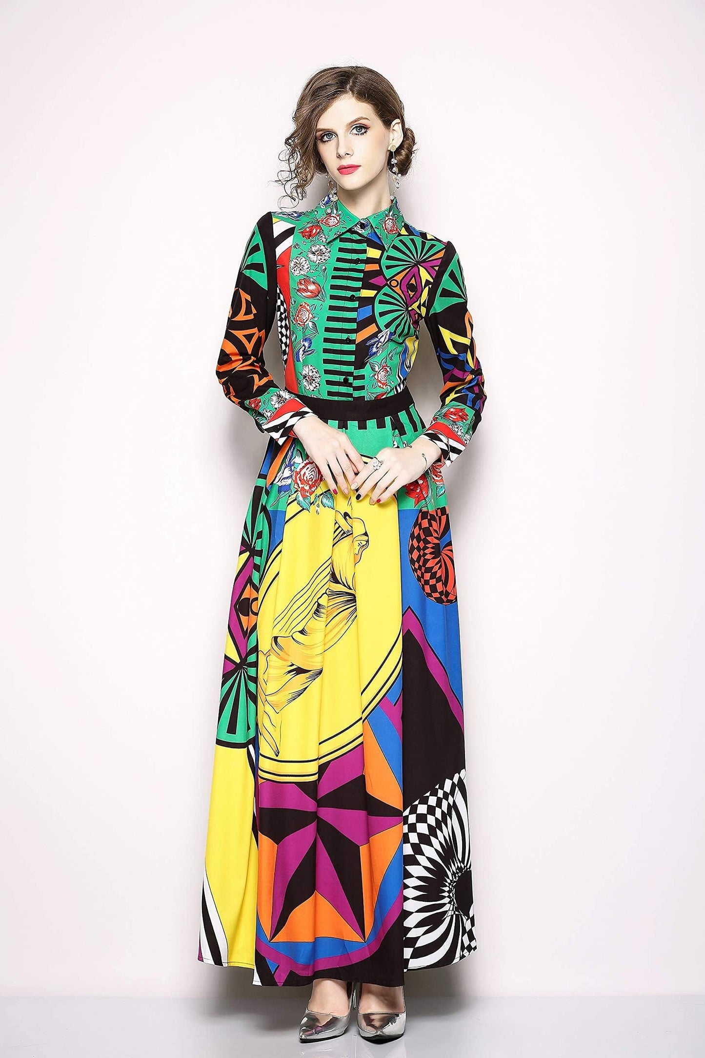 FSY-Women's Floral Print Button Up Split Long Dress