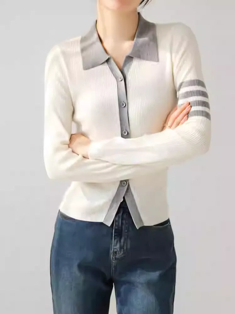Women's Lapel V Neck Striped Cardigan Knit Blouse