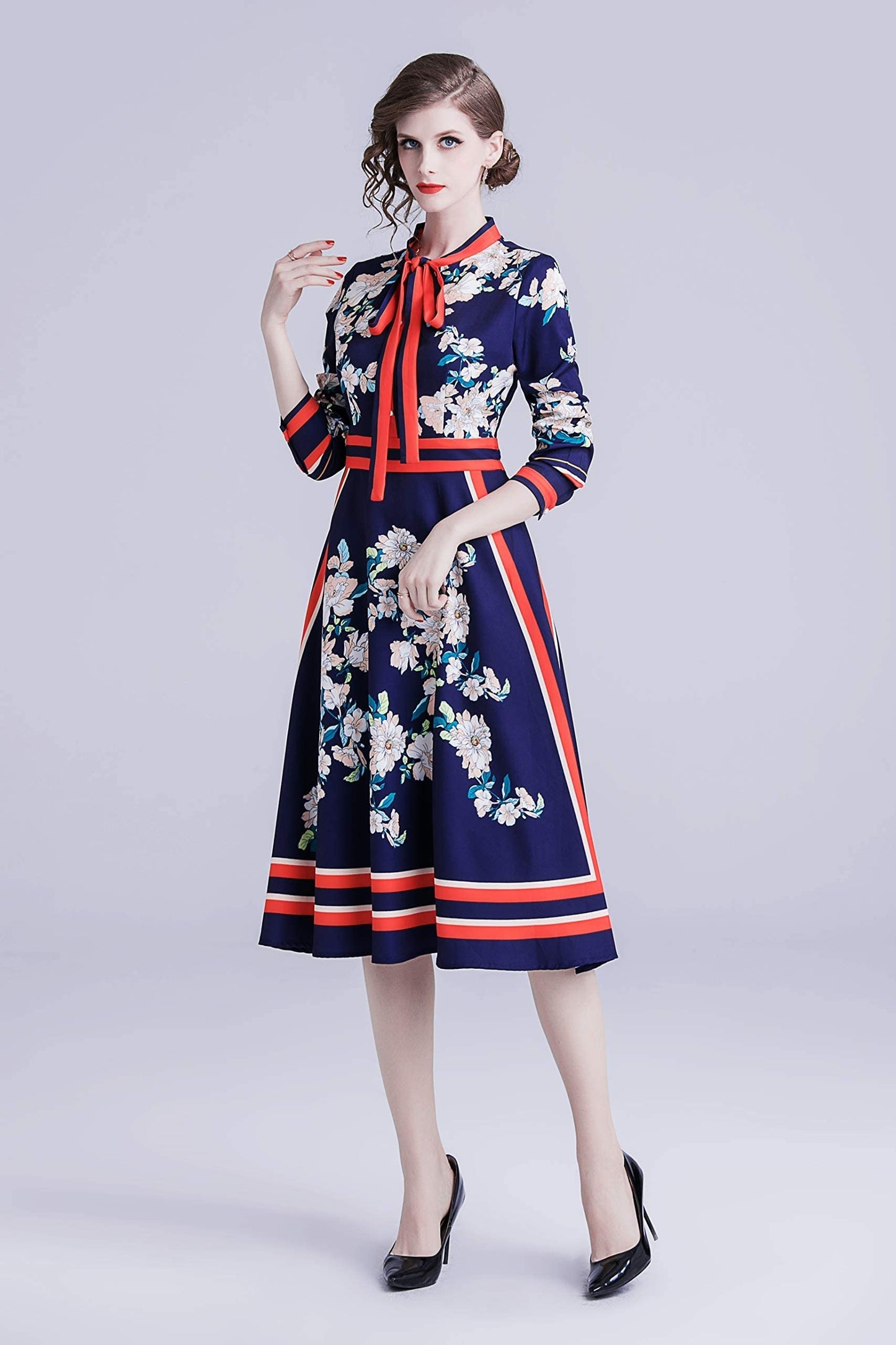 SSY-Women's 3/4 Sleeve Floral Print Button  Midi Dress