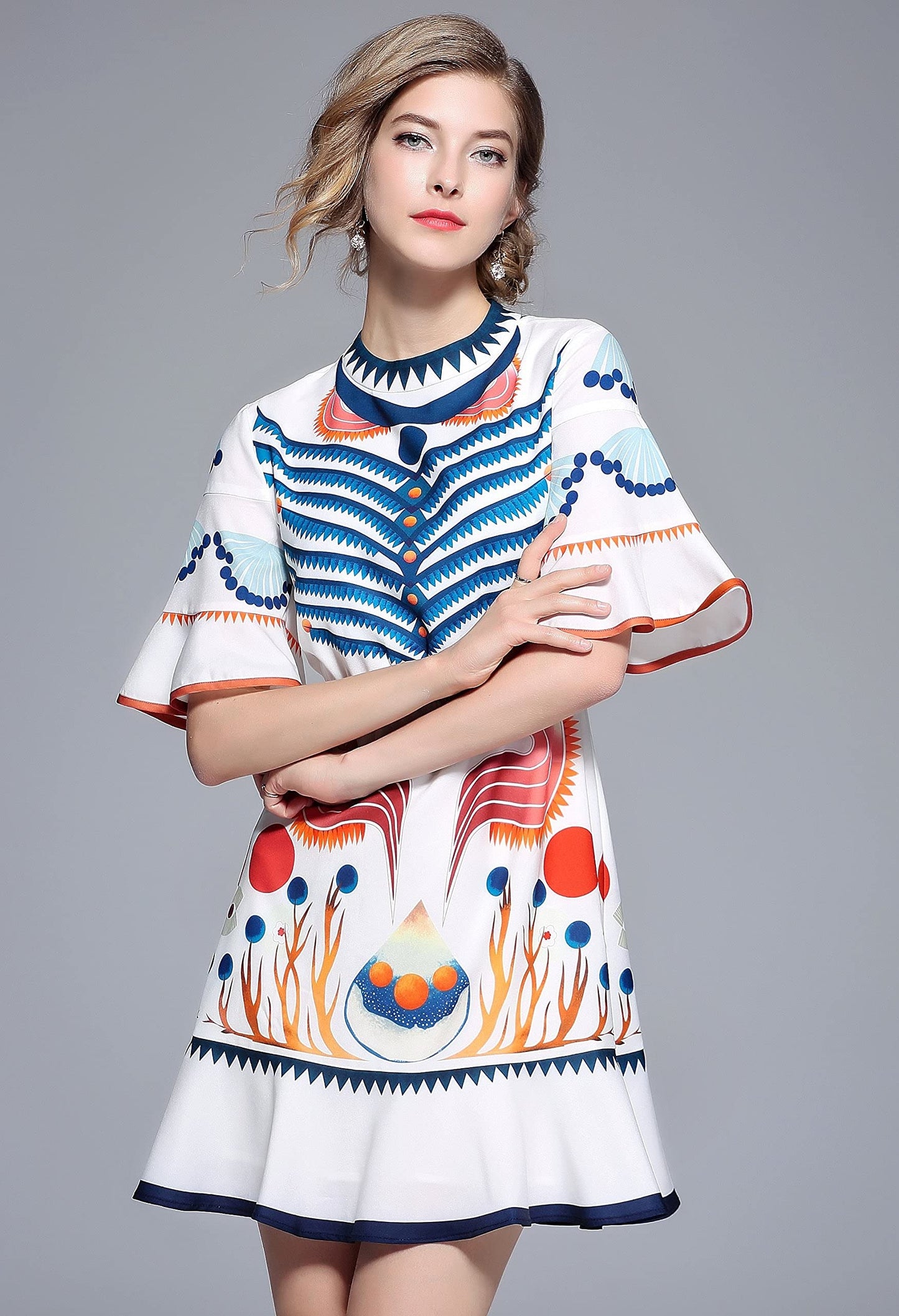 SSY-Women's Bell Short Sleeve Floral Print Mini Dress