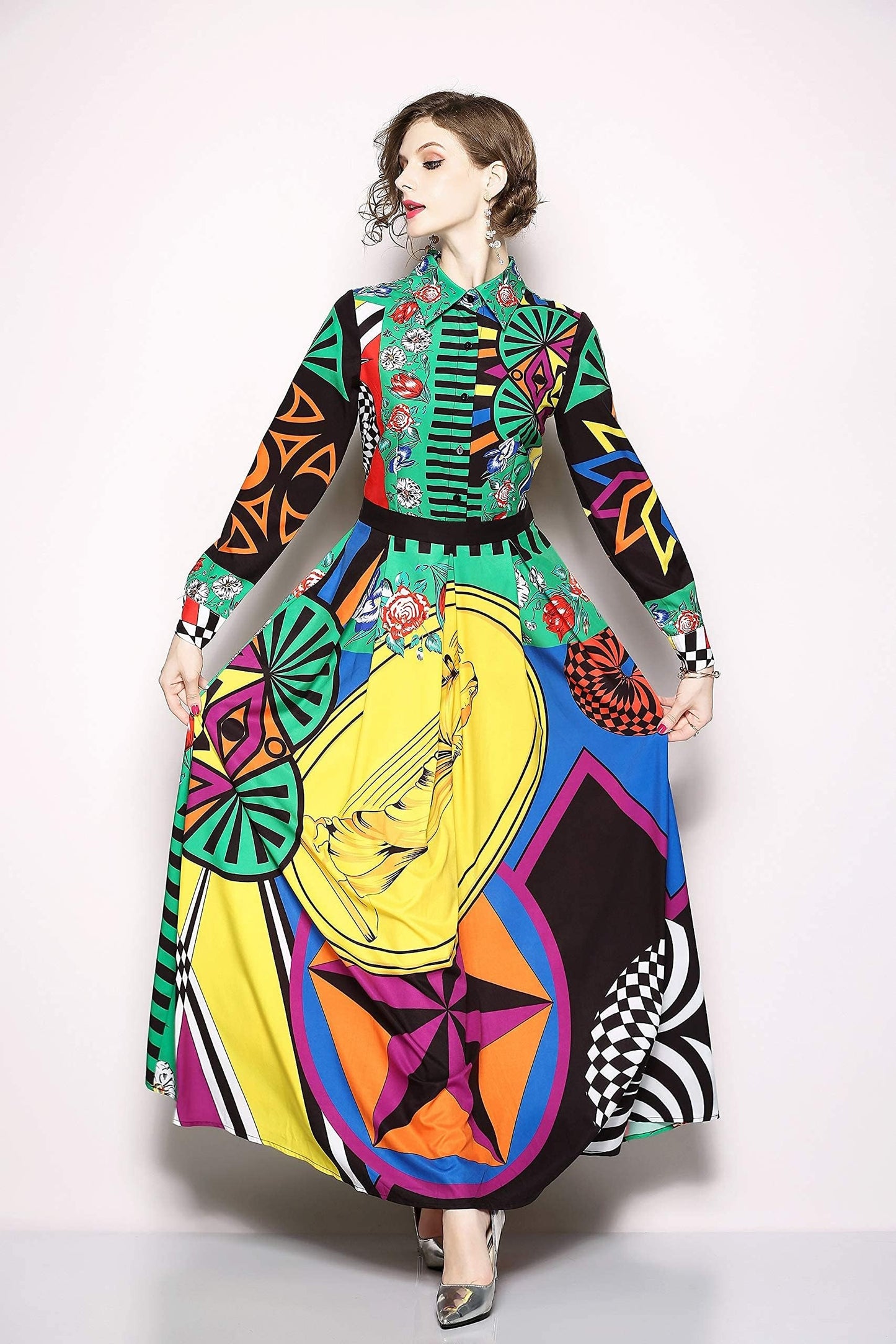 FSY-Women's Floral Print Button Up Split Long Dress